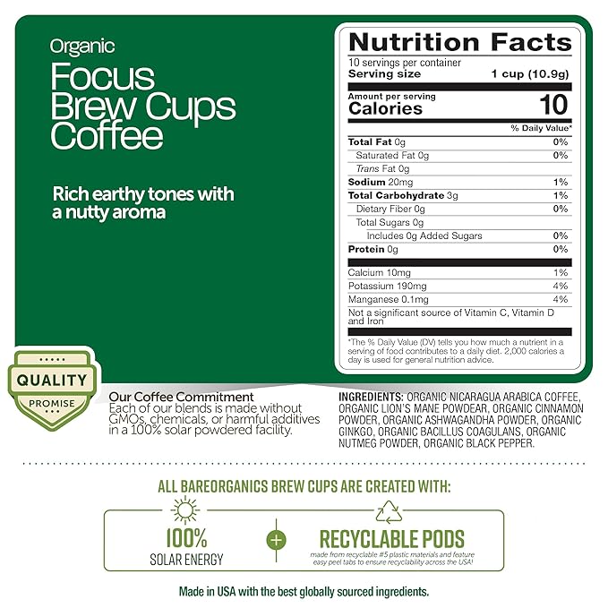 Focus Coffee with Superfoods - Organic Probiotic Mushroom Coffee Pods, Supports Healthy Focus & Digestion, Infused with Ashwagandha, Lion's Mane, and Cinnamon - 10 Recyclable Single Serve K-Cups