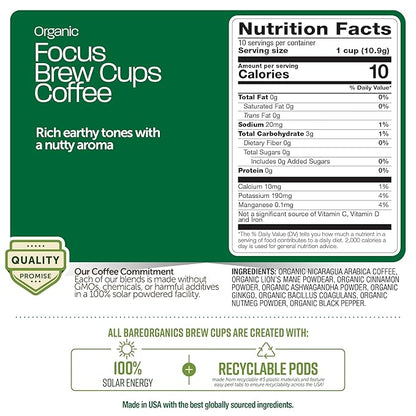 Focus Coffee with Superfoods - Organic Probiotic Mushroom Coffee Pods, Supports Healthy Focus & Digestion, Infused with Ashwagandha, Lion's Mane, and Cinnamon - 10 Recyclable Single Serve K-Cups