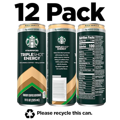 Starbucks Tripleshot Coffee Energy Drink, Rich Vanilla, 11 fl oz Cans (12 Pack), Triple Blend, 165mg Caffeine, B Vitamins, Protein, Iced Coffee (Packaging and Formula May Vary)