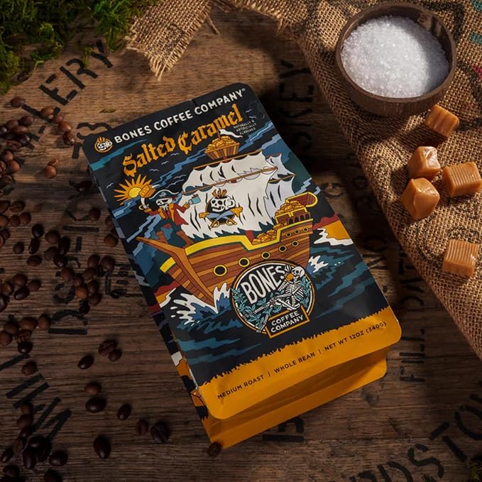 Bones Coffee Company Salted Caramel Flavored Coffee, Medium Roast Low Acid Arabica Beans Compatible with Auto drip and French Press Coffee Maker, 12 Oz Whole Bean