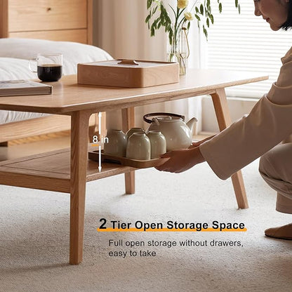 Modern Solid Wood Coffee Table, 2-Tier Small Wooden Coffee Table with Storage Shelf for Living Room, Apartment, Office, Natural (48''D x 22''W x 18''H)