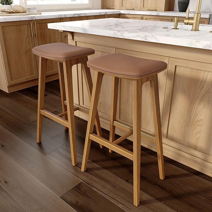 Plank+Beam Beryl Bar Height Stool - Mid-Century Modern Rubberwood Bar Stool with Faux Leather Seat, Metal Footrest, Easy Assembly, 2-Pack, Pecan/Toffee