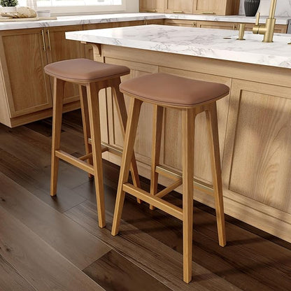 Plank+Beam Beryl Bar Height Stool - Mid-Century Modern Rubberwood Bar Stool with Faux Leather Seat, Metal Footrest, Easy Assembly, 2-Pack, Pecan/Toffee