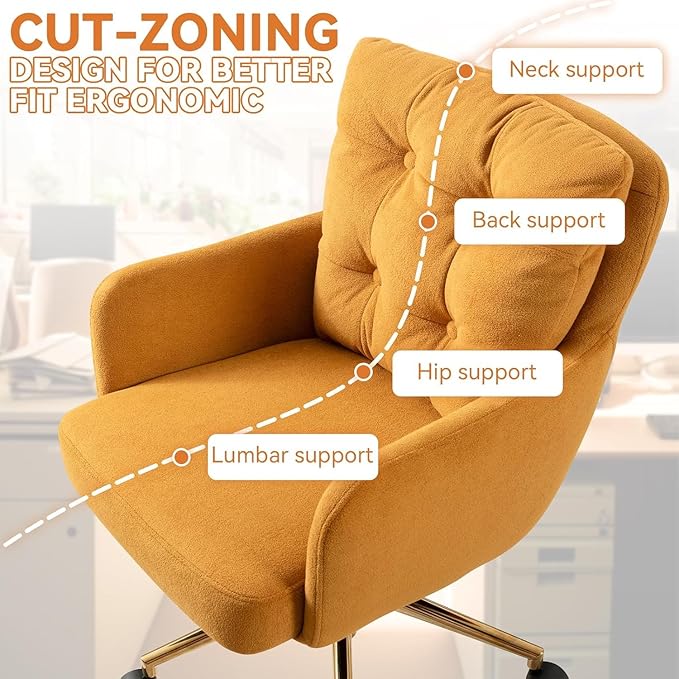 Flannel Office Chair, Comfy Home Office Desk Chairs with Lumbar Support, Modern Velvet Desk Chair Gold Legs Small Swivel Task Chair for Home Office, Bedroom, Study (Yellow, L)
