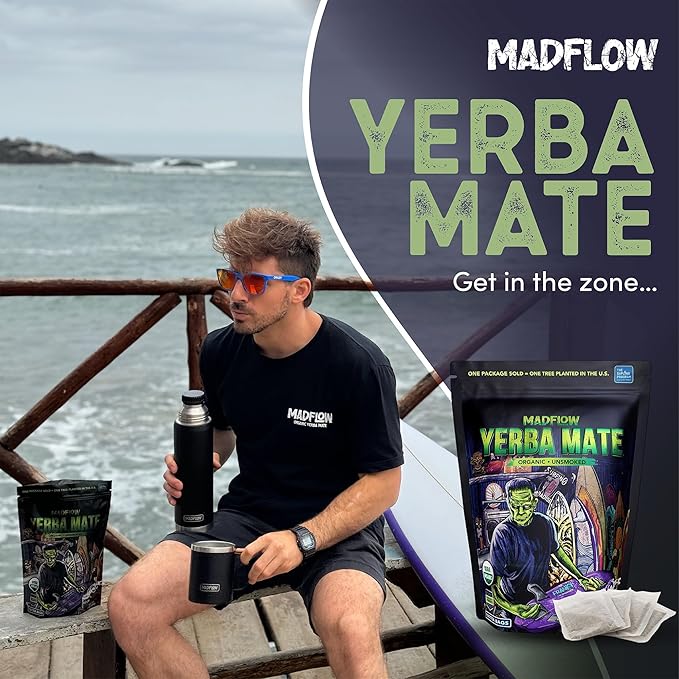 MADFLOW Yerba Mate Tea Bags (100 Mate Tea Bags). Organic & Unsmoked. Resealable Packaging. Alternative to Yerba Mate Loose Leaf.