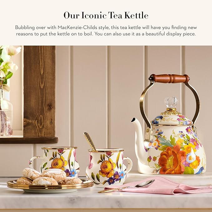 MACKENZIE-CHILDS Enamel Tea Kettle, Stylish Tea Kettle for Stovetop, White Flower Market, 2 Quarts