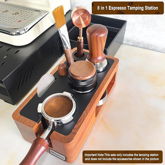 NMWearthmone Espresso Tamping Station,Solid Wood Espresso Accessories Organizer,Multi-Functional Coffee Accessories Tamper Station,Espresso Station Fit For Standard Portafilter (Upgraded Red, 51-58mm)