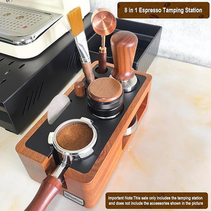 NMWearthmone Espresso Tamping Station,Solid Wood Espresso Accessories Organizer,Multi-Functional Coffee Accessories Tamper Station,Espresso Station Fit For Standard Portafilter (Upgraded Red, 51-58mm)