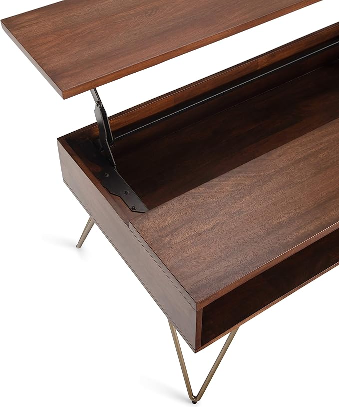 SIMPLIHOME Hunter Lift Top Coffee Table - 48 inch Wide Solid Mango Wood and Metal Industrial Cocktail Table in Umber Brown, Functional Living Room Table with 2 Storage Cubbies and Hairpin Legs