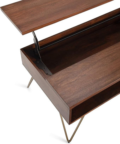 SIMPLIHOME Hunter Lift Top Coffee Table - 48 inch Wide Solid Mango Wood and Metal Industrial Cocktail Table in Umber Brown, Functional Living Room Table with 2 Storage Cubbies and Hairpin Legs