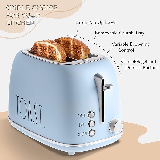 Rae Dunn Retro Rounded Bread Toaster, 2 Slice Stainless Steel Toaster with Removable Crumb Tray, Wide Slot with 6 Browning Levels, Bagel, Defrost and Cancel Options (Baby Blue)