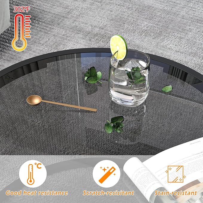 Glass Coffee Table Modern Center Table,Minimalist Round Coffee Tea Table,Simple Tea Cocktail Modern Center Tables, Living Room Tables,Easy Assembly, 27 x 27 x 17 Inch,Black