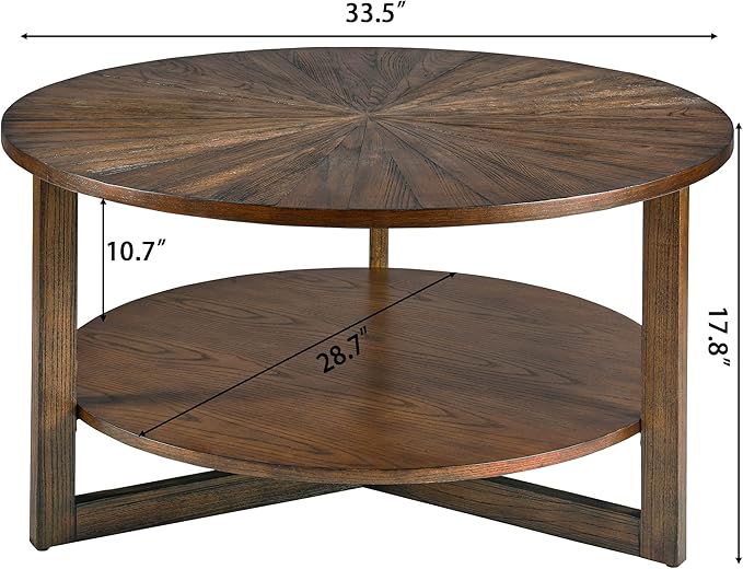 PADMA HOUSE 33.5" Round Wood Coffee Table, 2-Tier Solid Wood Rounded Circle Accent Coffee Table Center Cocktail Table Vintage Furniture for Home Living Room Bedroom,Espresso Brown 3338NC