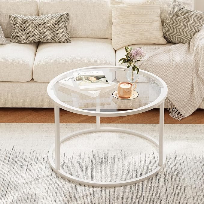 Glass Coffee Table Modern Center Table,Minimalist Coffee Table Sofa Side Tea Table for Living Room,Tempered Glass-top with Sturdy Metal Frame, Easy Assembly, 27 x 27 x 17 Inch,White