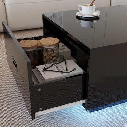 41" LED Coffee Table with 2 Drawers - High Gloss Black Modern Table with Lighting for Living Room (41.33" W x 23.62" D)