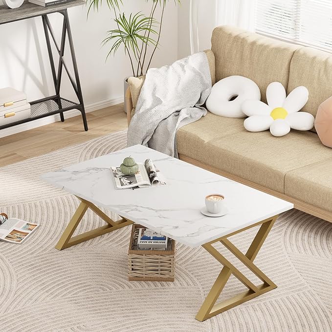 Coffee Table Living Room Table White Center Table, Simple Modern Faux Marble Rectangular Tea Tables with Sturdy Gold Metal Frame,Industrial Wooden Coffee Table for Bedroom Home Office