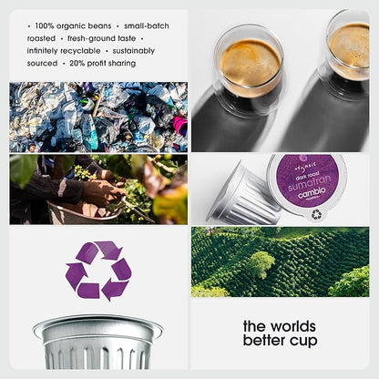 Cambio Roasters Sumatran Keurig Organic Coffee K Cups, Only Aluminum Keurig Coffee Pods with Organic Beans, More Flavor & Longer Lasting Freshness, Sumatran Dark Roast K Cups, 10 count