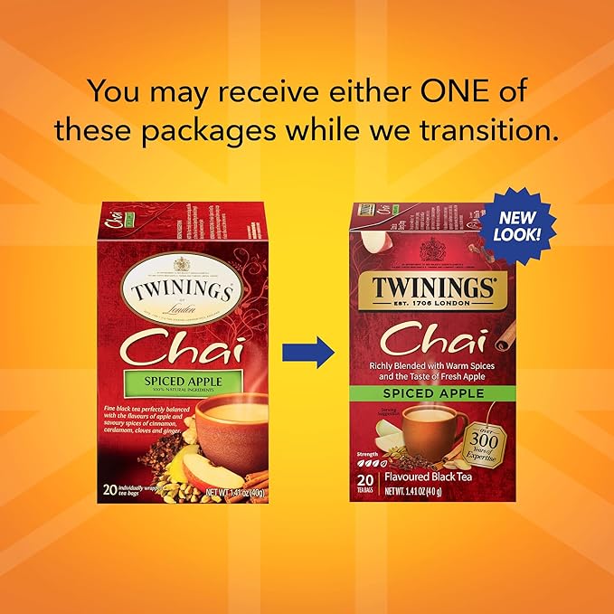 Twinings Spiced Apple Chai Black Tea Individually Wrapped Bags, 20 Count (Pack of 1), Sweet, Savoury Spices, Caffeinated, Enjoy Hot or Iced, 20 Teabags