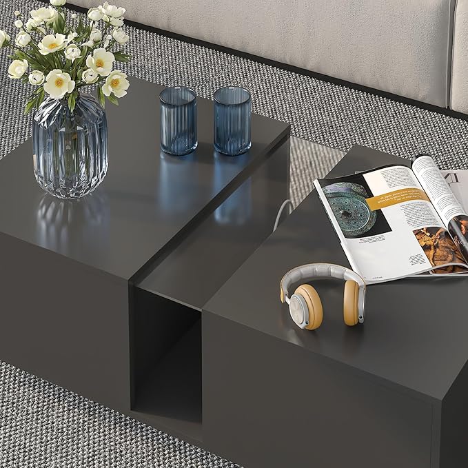 Black Led Coffee Table for Living Room, Rectangular Living Room Table with Storage, Acrylic Coffee Tables with 2 Sliding Drawers, Wood Center Table for Reception Dinning Room