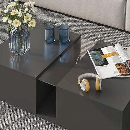 Black Led Coffee Table for Living Room, Rectangular Living Room Table with Storage, Acrylic Coffee Tables with 2 Sliding Drawers, Wood Center Table for Reception Dinning Room