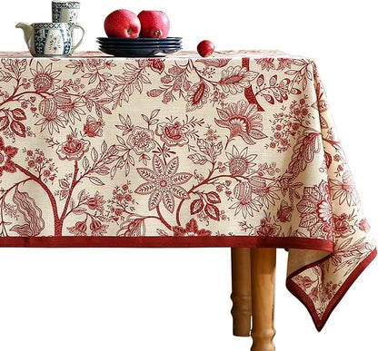 Designer French Linen Small Rectangular Tablecloth,Red Floral Washable Indoor Table Cloth,Durable Home Decor Tablecloths for Dining Thanksgiving Kitchen Party Christmas,55"*71"-Ruyi A