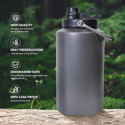 1 Gallon Water Jug Bottle Insulated with Straw, 128oz Stainless Steel Water Bottle Jug Wide Mouth Double Vacuum Dishwasher Safe BPA Free for Hot & Cold Drinks Charcoal Gray