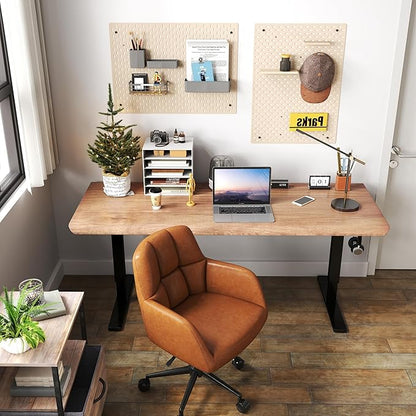 VESCASA Adjustable Home Office Desk Chair with Comfy Square Tufted Mid-Back, Faux Leather 360 Swivel Upholstered Task Armchair with Wheels for Teens Bedroom/Living Room, Brown