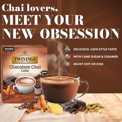 NEW Twinings Chocolate Chai Latte Tea 60 K-Cup Pods for Keurig, 10 Count (Pack of 6), Velvety Smooth Cocoa with Real Spiced Tea, Caffeinated, Enjoy Hot or Iced