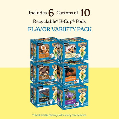 Kauai Coffee K-Cup Pods for Keurig Brewers – Arabica Coffee, 10% Hawaiian – Mild, Medium and Dark Roast, Rich, Smooth, No Bitterness – Six Flavors, 6 Packs of 10 Single Serve K-Cups