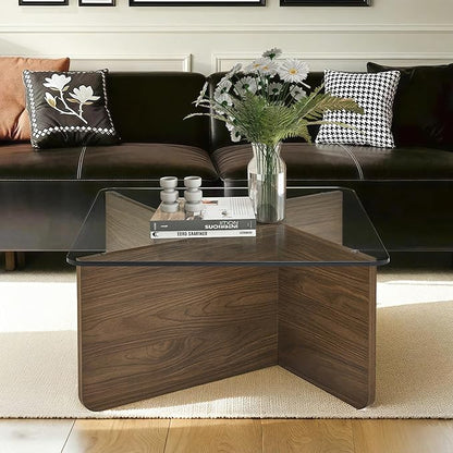 31.5" Glass Coffee Table, MDF Mid-Century Modern Square Coffee Table with Tempered Glass Top, Square Center Tables for Small Space Living Room Office Apartment, Walnut
