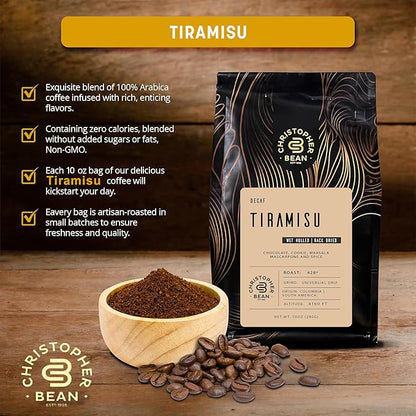 Christopher Bean Coffee - Certified Kosher - Decaf Ground Universal Drip Tiramisu Flavored Coffee with Medium Roast | Tiramisu Coffee No Sugar with 100% Arabica, No Fats, Non-GMO | 10-Ounce