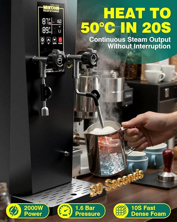 WantJoin 2000W Commercial Milk Frother & Beverage Warmer - Professional Milk Steamer Machine with LED Display Panel for Latte, Cappuccino, Coffee, Hot Chocolate and Milk Tea, Perfect for Cafes & Home