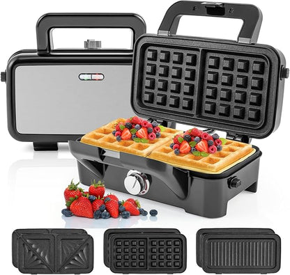 BECOMFORT 3 in 1 Waffle Maker, Sandwich Press w/3 Removable Non-stick Plates, Indicator Lights, Cool Touch Handle, Sandwich Maker & Panini Press w/5-gear Temperature Control for Breakfast Steak