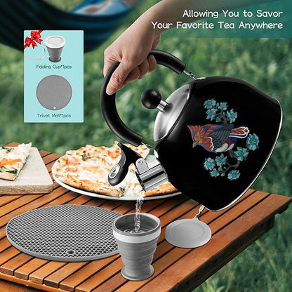 ARC Stainless Steel Whistling Tea Kettle for Stovetop, Magic Color Changing Design Teapot for Stovetop, 2 Quart Black Tea Kettle with Silicone Trivet Mat for Heat Resistant & Folding Cup