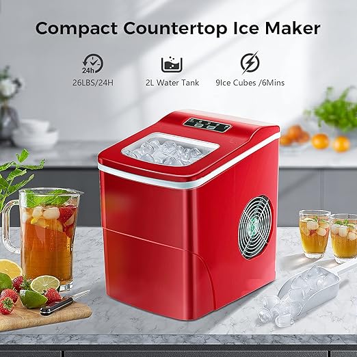 AGLUCKY Ice Makers Countertop with Self-Cleaning, 26lbs/24hrs, 9 Cubes Ready in 6 Mins, Portable Ice Machine with 2 Sizes Bullet Ice/Ice Scoop/Basket for Home/Kitchen/Office/Bar/Party, Red