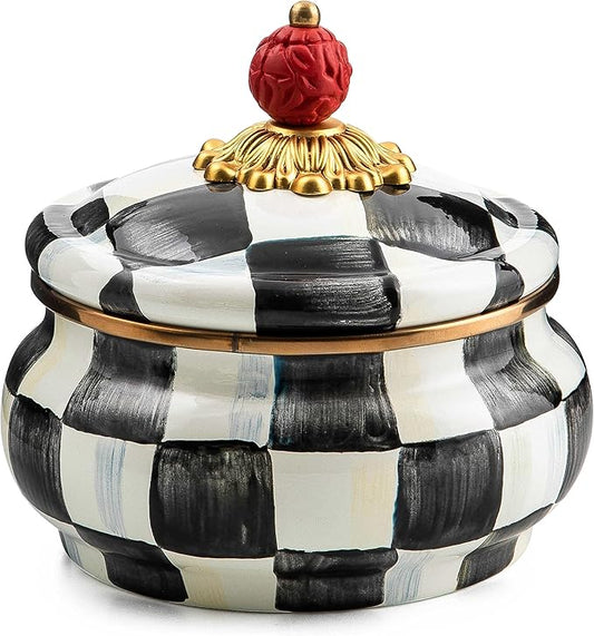 MACKENZIE-CHILDS Enamel Squashed Pot, Cute Enameled Container with Lid, 20 Ounces, Black-and-White Courtly Check