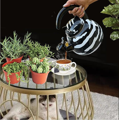 Trenton Gifts Whistling Tea Kettle - Enamel on Steel Black Cat Decor - Cute Animal Stovetop Kettle - 2.1 Quart Tea Pots