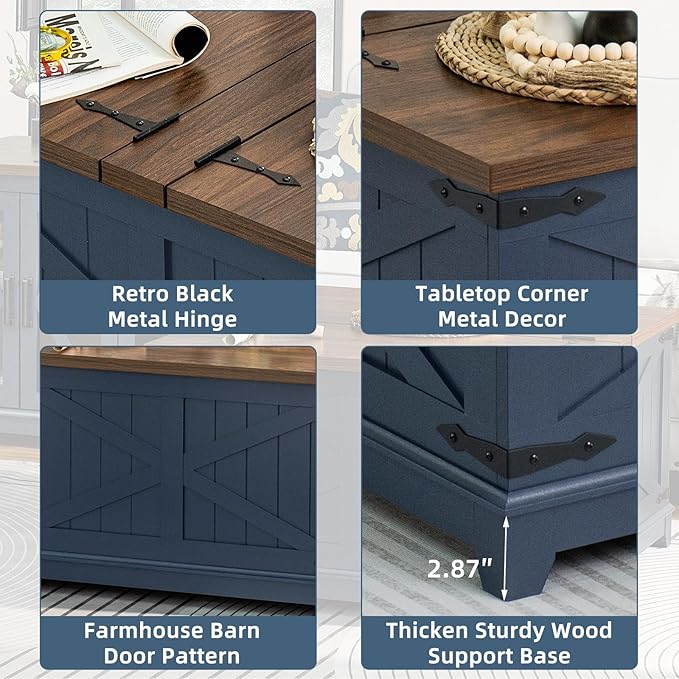 Farmhouse Coffee Table with Hidden Storage Organizer, Modern Square Large Center Table, Wood Farm House Low Navy Blue Living Room Tables with Hinged Lift Top for Home, Office