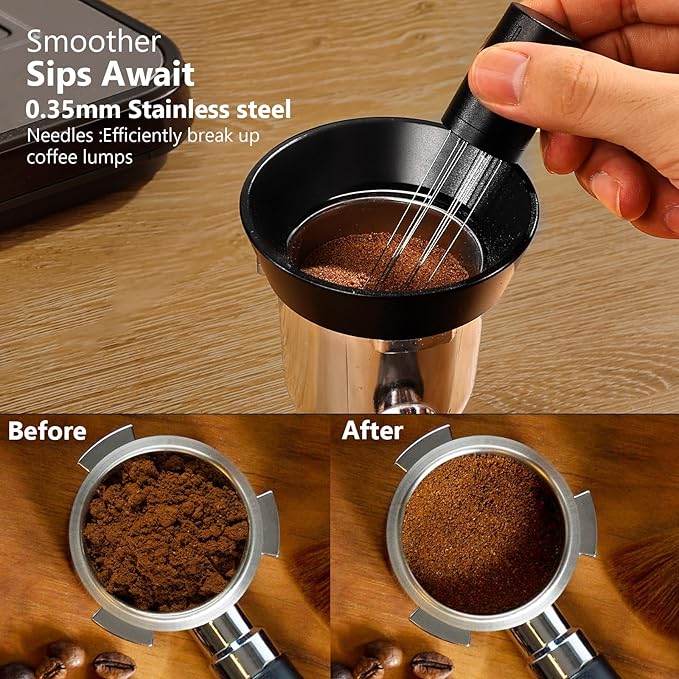 WDT Tool Espresso Distributor Accessory kit &1.7mm Thickness 150μm Mesh Puck Screen & 8 Magnets dosing ring Compatible with Breville Portafilter (WDT +54MM Black dosing ring&puck screen)