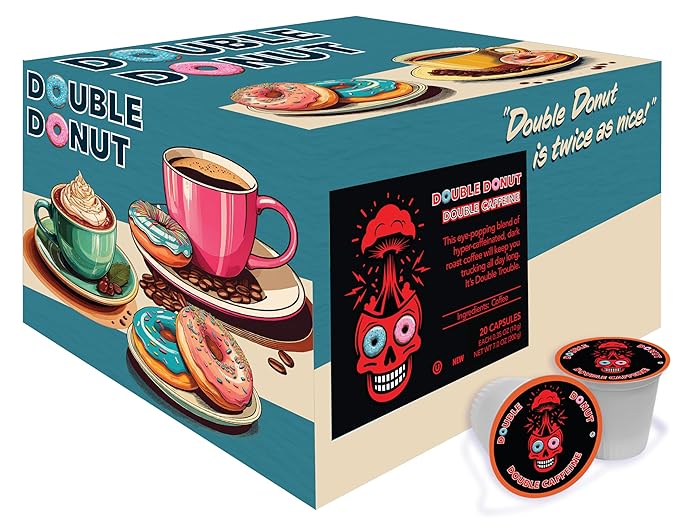 Double Donut High Caffeine Coffee Pods, Extra Strong Double Caffeine Dark Roast Coffee, Compatible with Keurig K Cups Brewers 72 Count