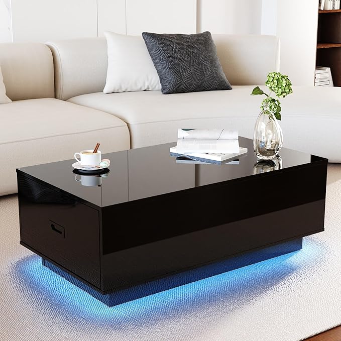 41" LED Coffee Table with 2 Drawers - High Gloss Black Modern Table with Lighting for Living Room (41.33" W x 23.62" D)