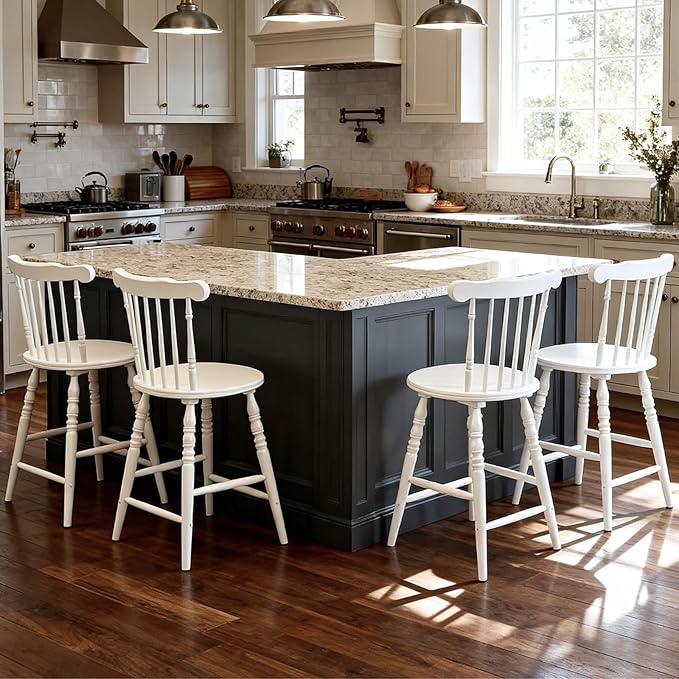 chairus 24" White Windsor Counter Height Bar Stools Set of 4, Farmhouse Wooden Counter Stools with Spindle Back & Turned Legs, Rustic Vintage Colonial Bar Chairs for Kitchen Island