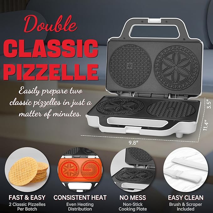 Pizzelle Maker Electric, Non-stick Stroopwafel Iron, 2 X 5" Cookie Machine for Christmas, 4" Mold Included, White