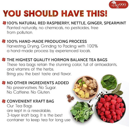 TOG999, 60 Tea Bags for Hormone Balance Menstrual Cycle Support, 100% Natural & Pure from Red Raspberry Leaves with Spearmint Flavor. Natural Material Tea Bags. No Sugar, No Caffeine, Vegan. (60 Teabags)