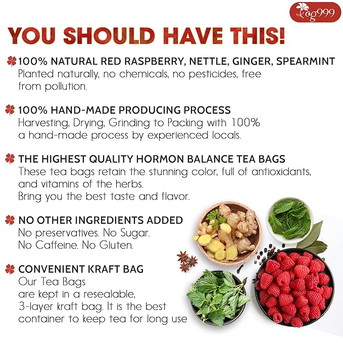 TOG999 Red Raspberry Leaves Tea Bags with Spearmint Flavor for Hormone Balance Natural Menstrual Cycle Support, 40 Count, Natural Material Tea Bags, No Sugar, No Caffeine, Vegan