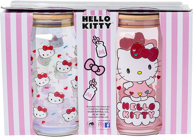 Silver Buffalo Sanrio Hello Kitty 2 Pack Iridescent Glitter Glass Jar Tumbler with Bamboo Lid and Glass Straw, 16 Ounces