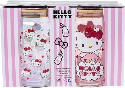 Silver Buffalo Sanrio Hello Kitty 2 Pack Iridescent Glitter Glass Jar Tumbler with Bamboo Lid and Glass Straw, 16 Ounces