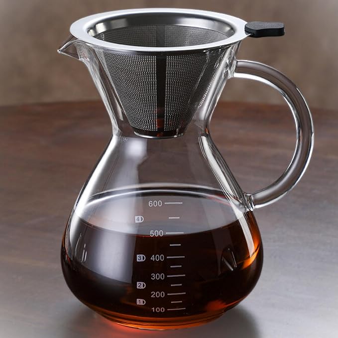 Pour Over Coffee Maker - 20 Oz (600ml) Borosilicate Glass Carafe - Reusable Stainless Steel Filter Paperless Dripper - For Home & Office & Resteraunt & Camping