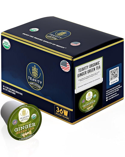 Green Tea & Ginger Tea Pods for Keurig - Caffeinated, Organic, Dye Free, Unsweetened, Herbal Blend for K Cup Machines - Hot or Iced (36 Tea Pods)