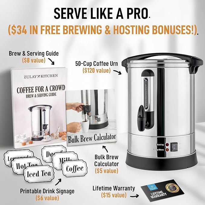 Zulay Commercial Coffee Maker Machine Urn - Large Percolator Pot Dispenser With Double-Wall Stainless Steel, Quick Brew, Stays Hot - Also for Water, Tea, Beverage at Events & Catering - 50 Cup Silver